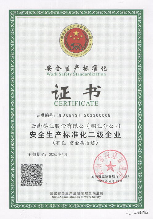 云锡铜业分公司顺利完成二级安全生产标准化达标取证工作