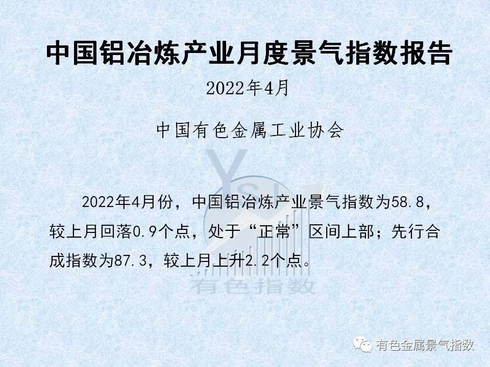 2022年4月中國鋁冶煉產業景氣指數爲58.8 較上月回落0.9個點