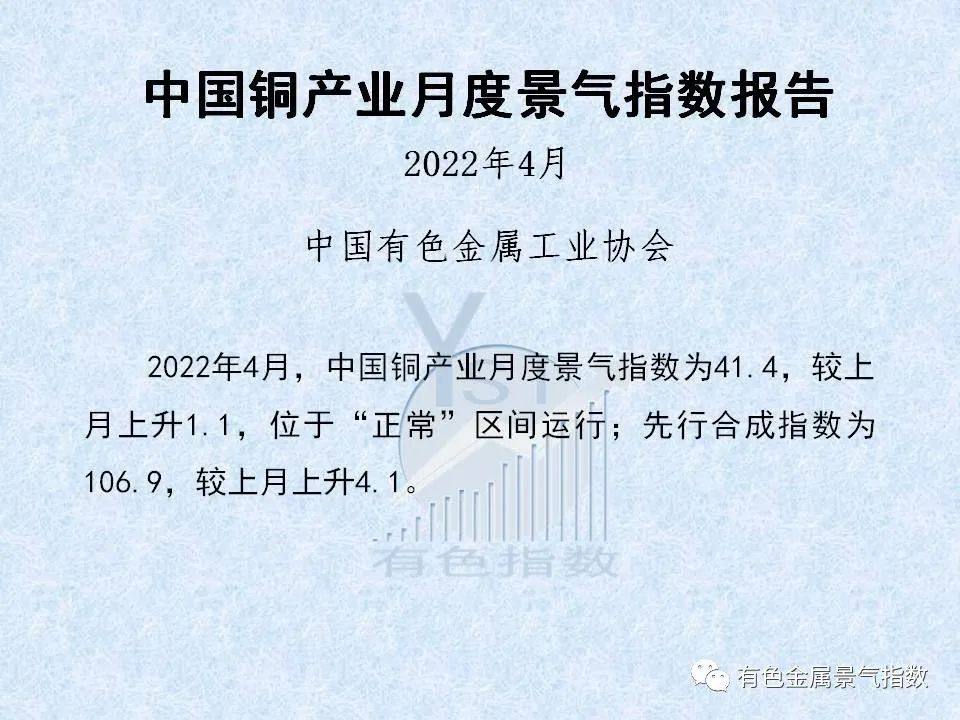 4月中国铜产业月度景气指数为41.4 较上月上升1.1