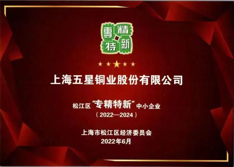五星铜业荣获2022年度松江区“专精特新”证书