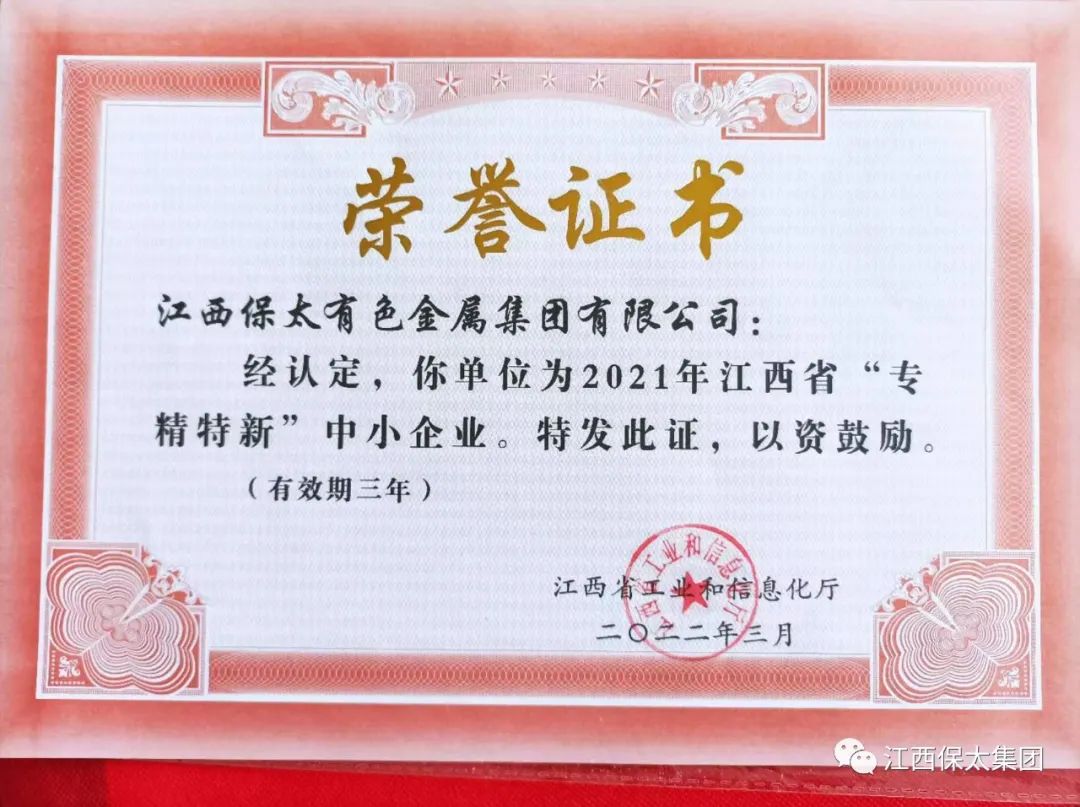 保太集团荣获2021年度江西省“专精特新”中小企业称号