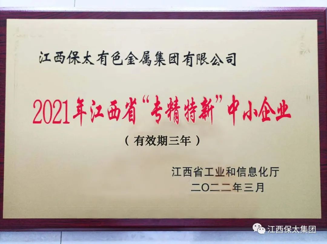 保太集團榮獲2021年度江西省“專精特新”中小企業稱號