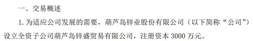 锌业股份投资3000万设立全资子公司葫芦岛锌盛贸易有限公司