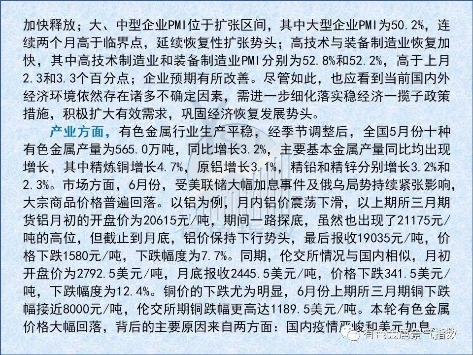 2022年6月中国有色金属产业景气指数为27.9 较上月上升0.8个点