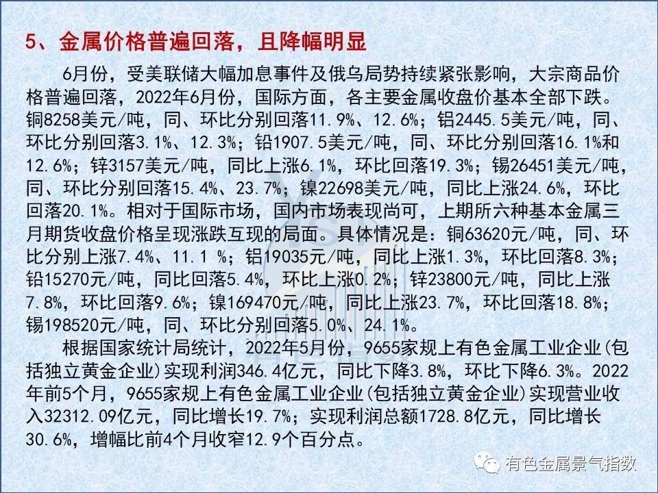 2022年6月中國有色金屬產業景氣指數爲27.9 較上月上升0.8個點