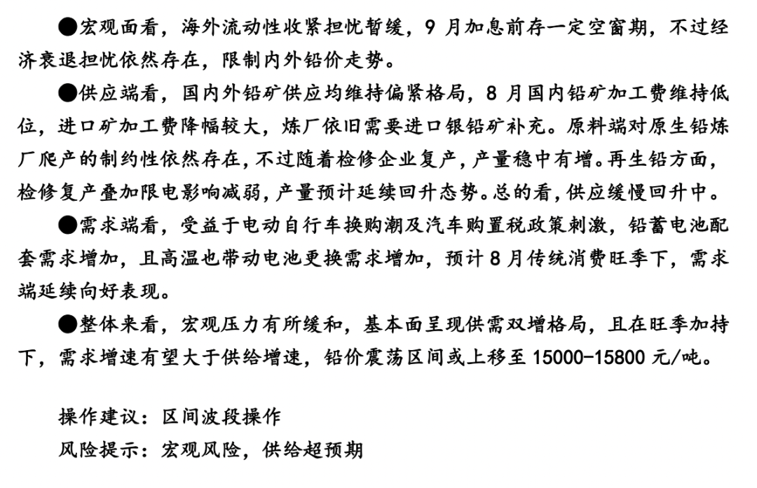 2022年8月銅冠金源期貨鉛月報：需求旺季加持 震蕩重心上移