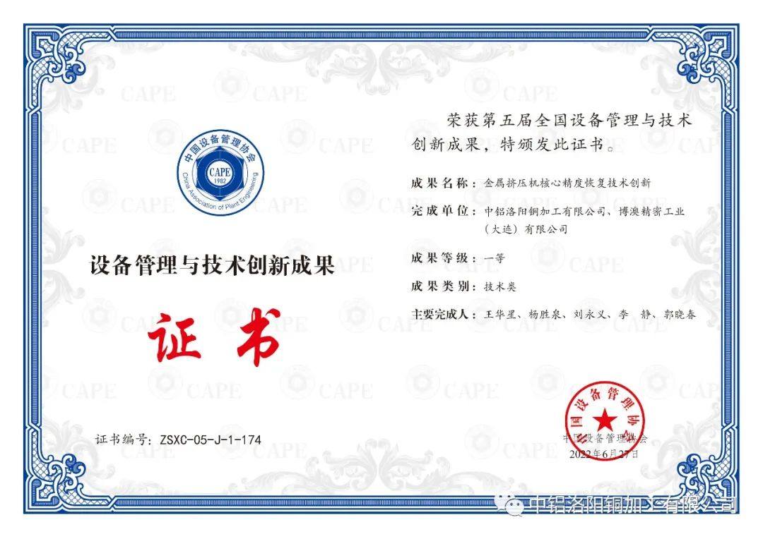洛阳铜加工一技术获全国设备管理与技术创新成果奖