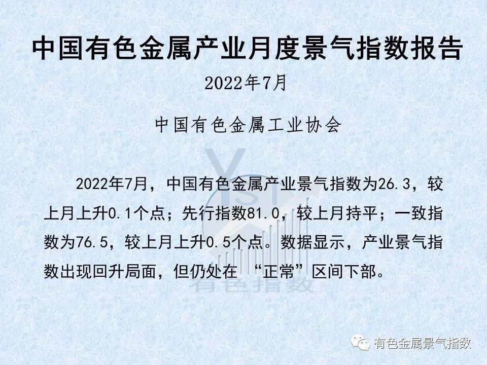 2022年7月中国有色金属产业月度景气指数26.3 较上月上升0.1个点
