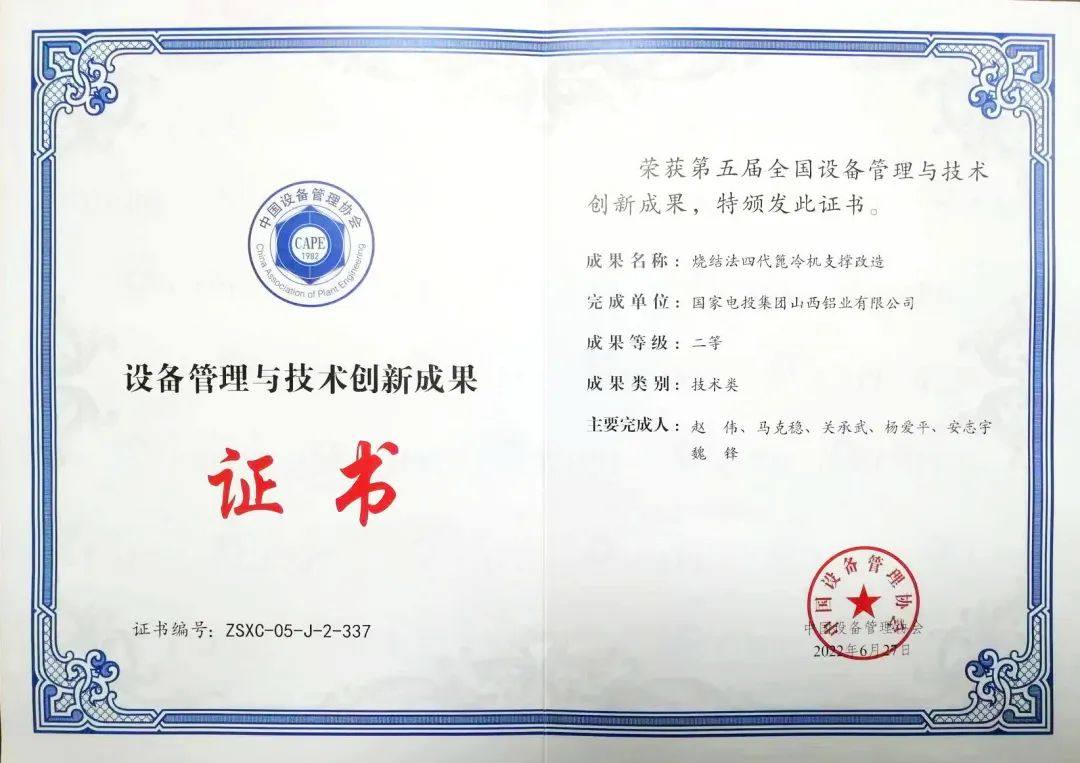 国家电投山西铝业一成果喜获第五届全国设备管理与技术创新成果二等奖