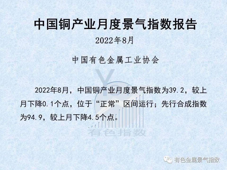 2022年8月中国铜产业月度景气指数为39.2 较上月下降0.1个点