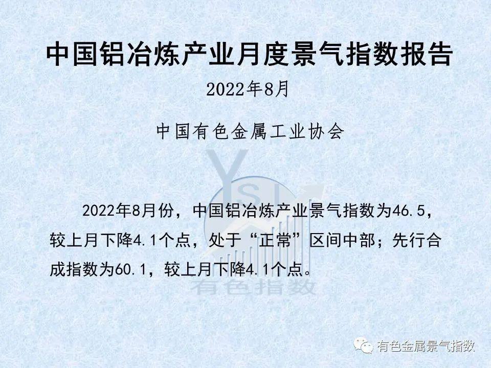 2022年8月中国铝冶炼产业景气指数为46.5 较上月下降4.1个点