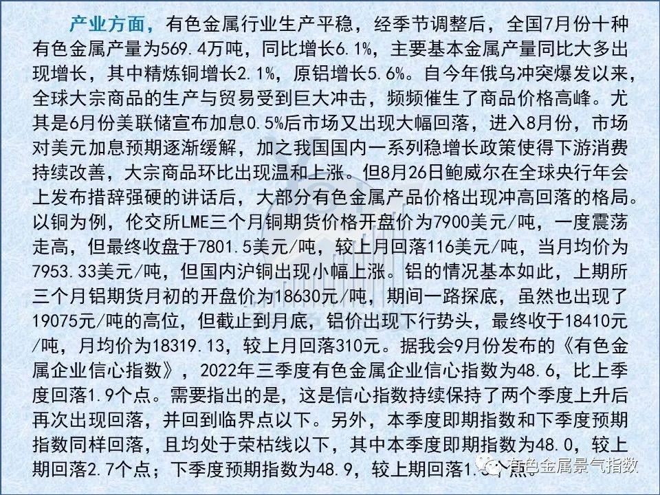 2022年8月中国有色金属产业景气指数为25.1 较上月上升0.1个点