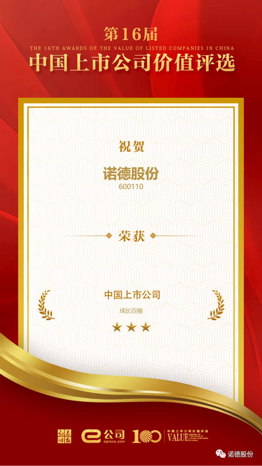 诺德股份荣膺“中国上市公司成长100强”