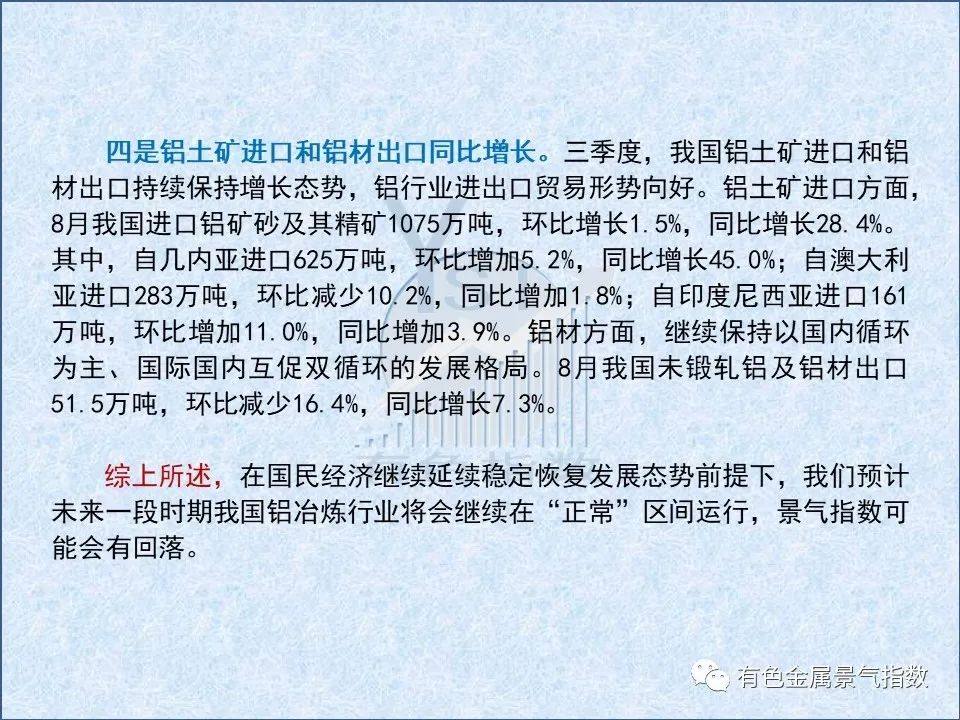 2022年9月中国中国铝冶炼产业景气指数为42.1，较上月下降3.0个点