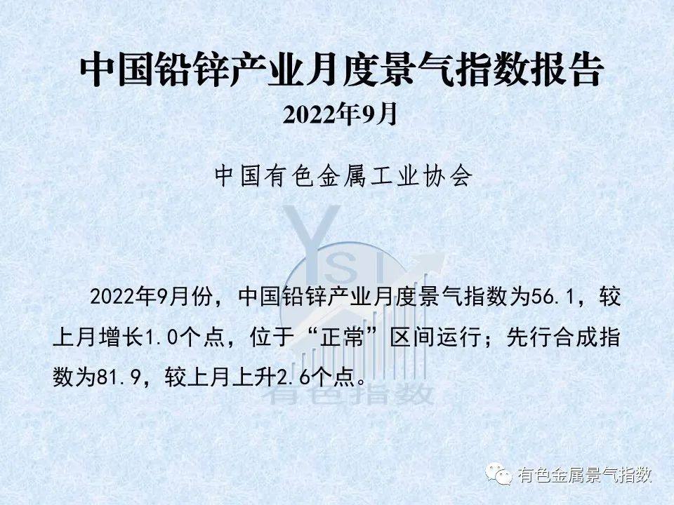 2022年9月中國鉛鋅產業景氣指數爲56.1 較上月增長1.0個點