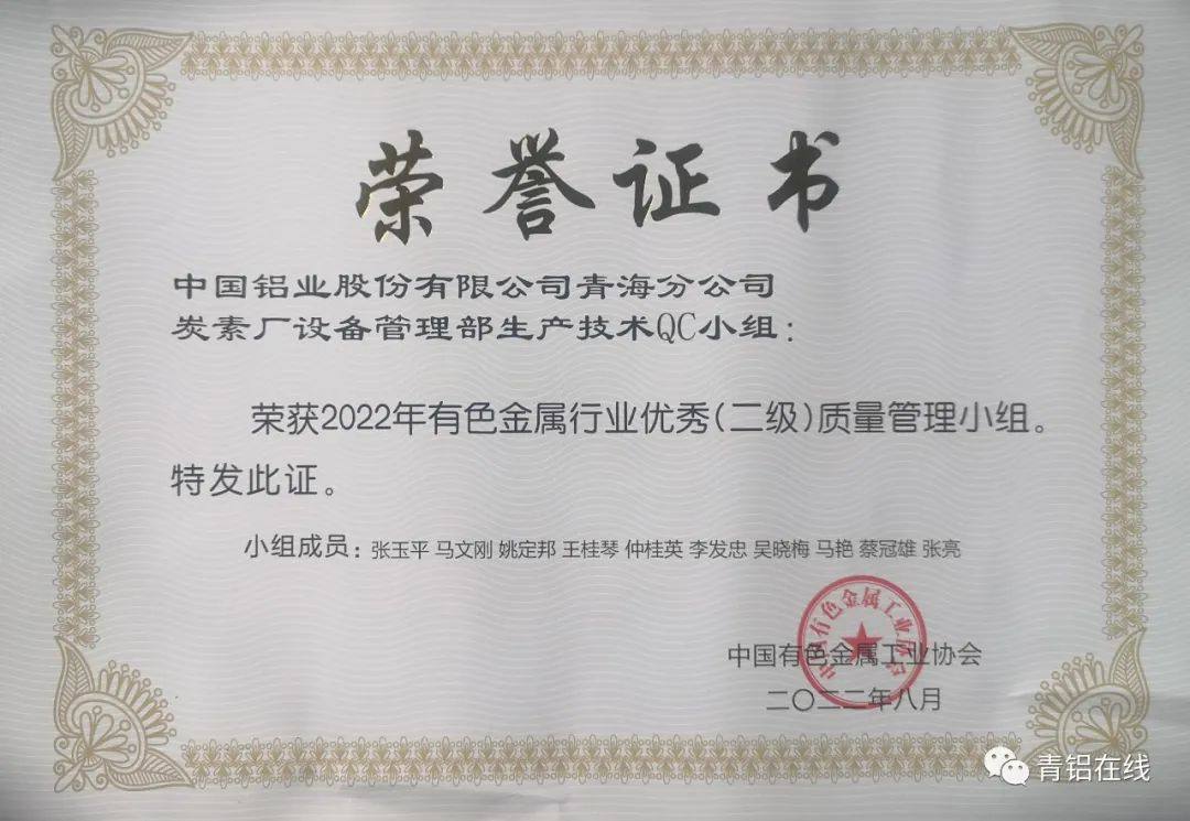 中铝青海分公司多个单位荣获2022年度有色金属行业多项质量管理活动奖