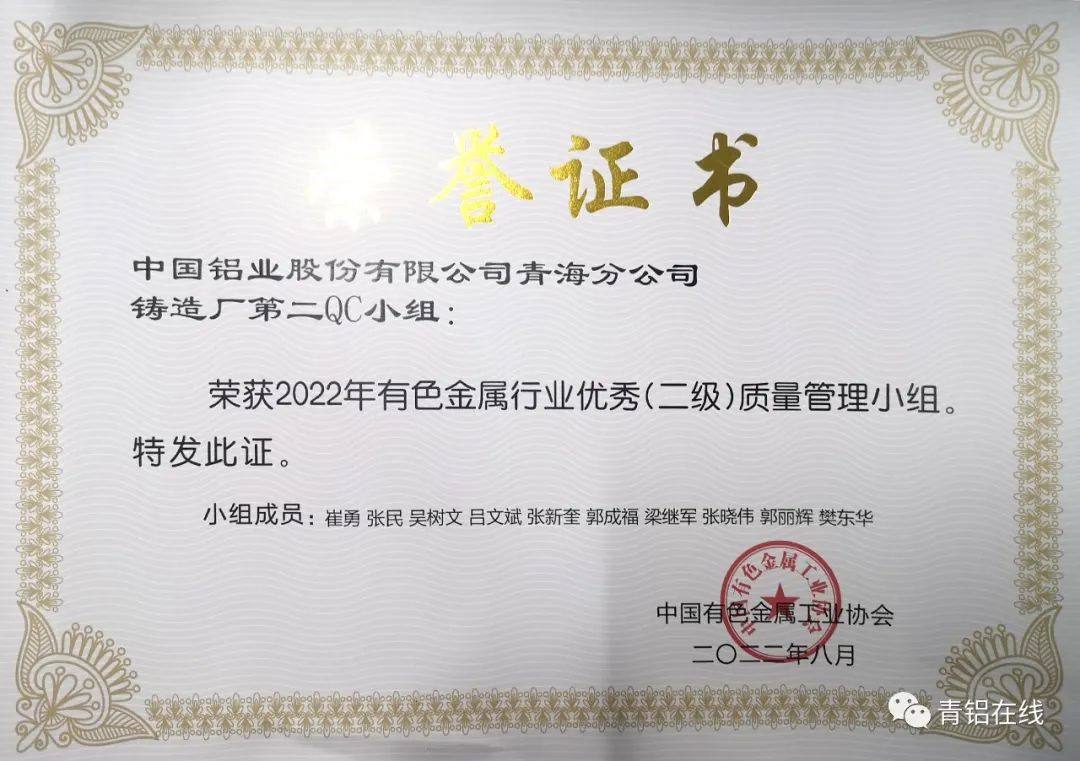 中铝青海分公司多个单位荣获2022年度有色金属行业多项质量管理活动奖