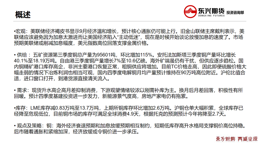 2022年第43周东兴期货铜周报：低库存高升水维持 铜价高位持稳