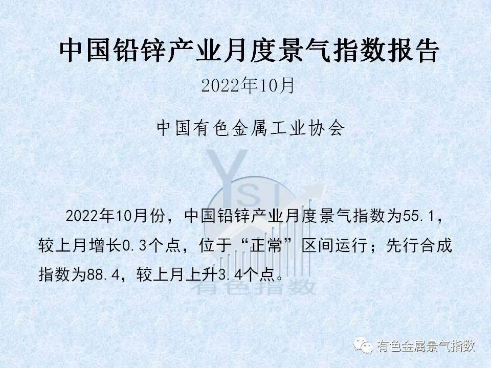 2022年10月中国铅锌产业月度景气指数报告