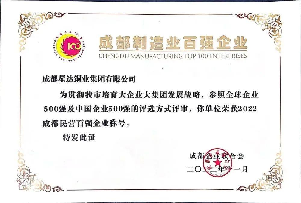 星达铜业集团再获“双百强”殊荣