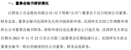 电工合金董事会秘书沈国祥辞职 曹嘉麒接任 2022年前三季度公司净利8170.23万