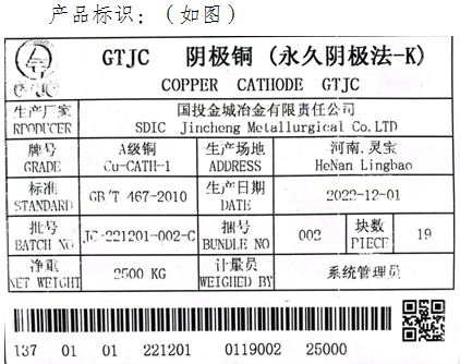 上期所關於同意國投金城冶金有限責任公司“GTJC”牌A級銅注冊的公告