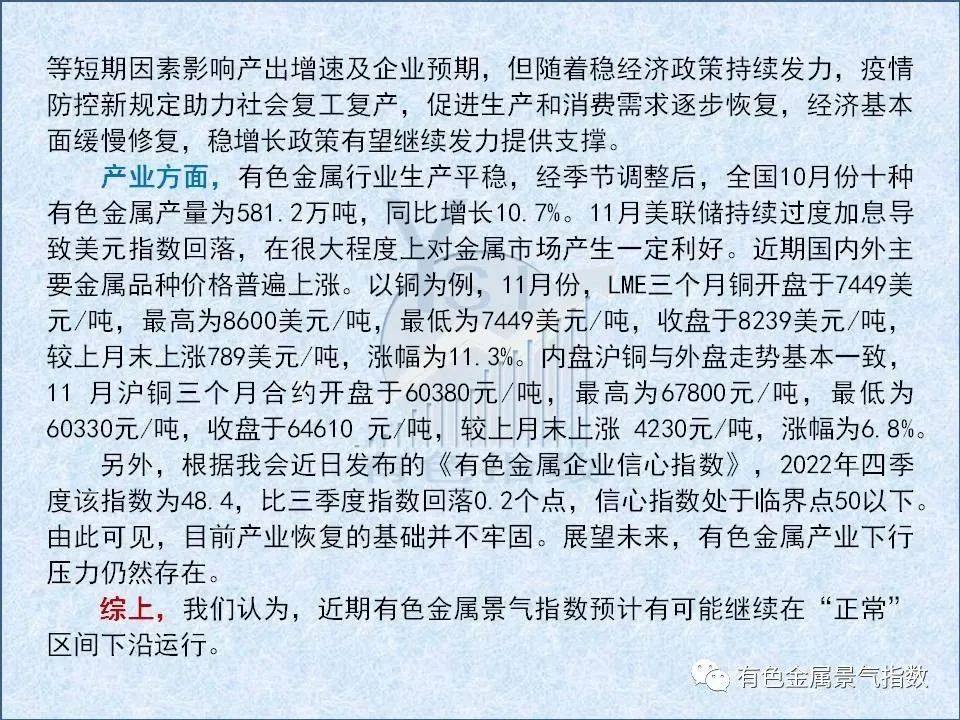 2022年11月中国有色金属产业景气指数为24.3 较上月上升0.4个点