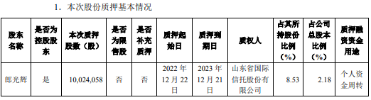 索通发展控股股东郎光辉质押1002.41万股 用于个人资金周转
