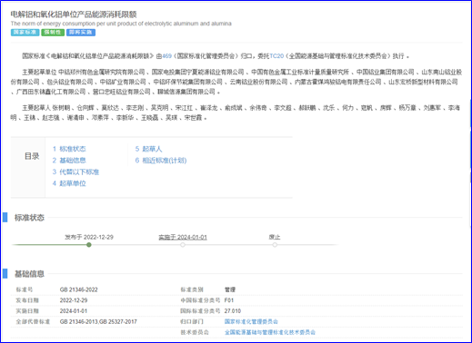 包头铝业参与修订的国家标准《电解铝和氧化铝单位产品能源消耗限额》​正式发布
