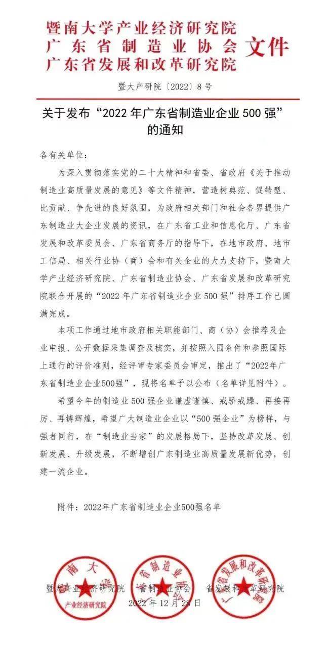 齐力澳美蝉联广东省制造业500强