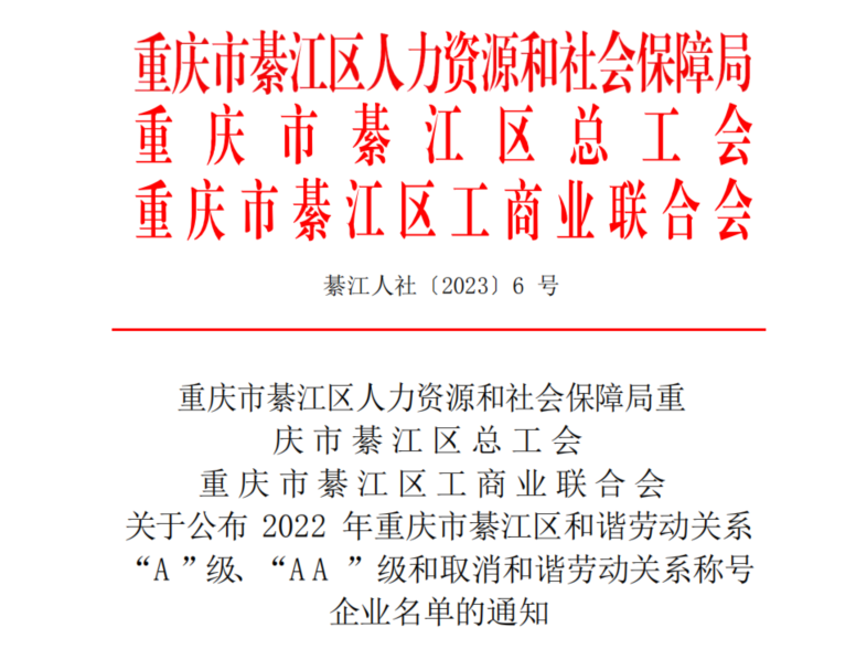 旗能电铝公司荣获綦江区和谐劳动关系“AA级”企业称号