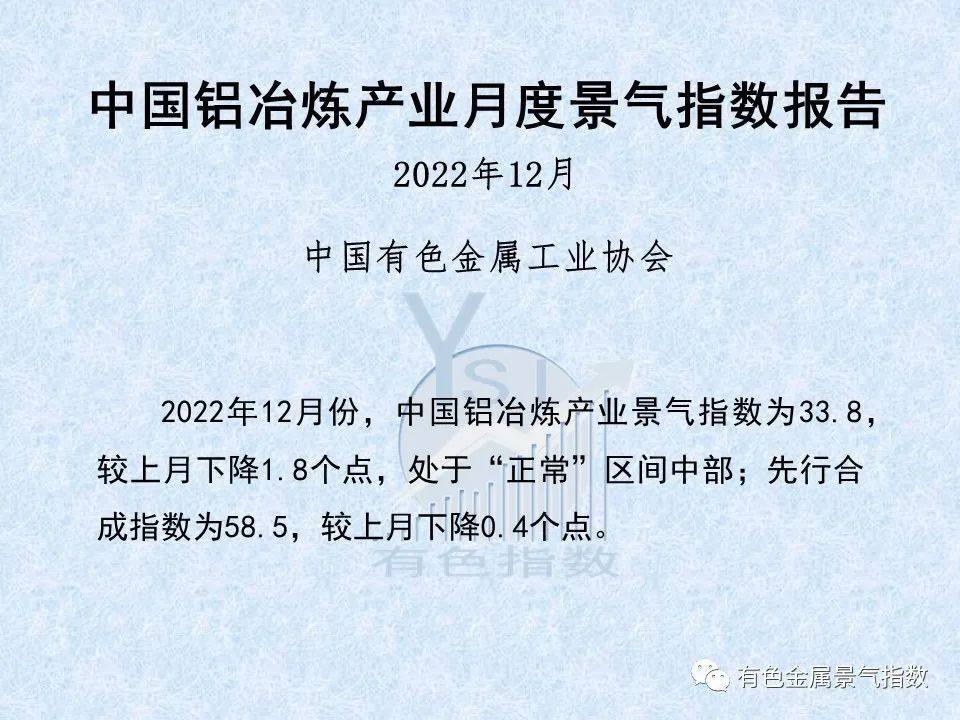 2022年12月中国铝冶炼产业景气指数为33.8 较上月下降1.8个点