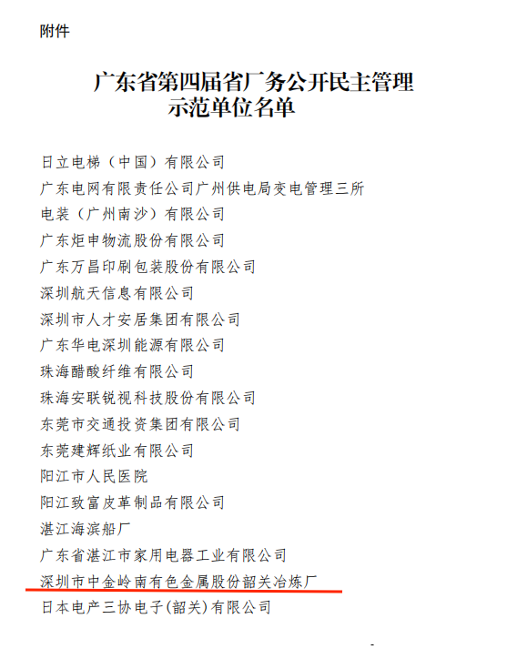 中金岭南韶关冶炼厂荣获“广东省第四届厂务公开民主管理示范单位”称号