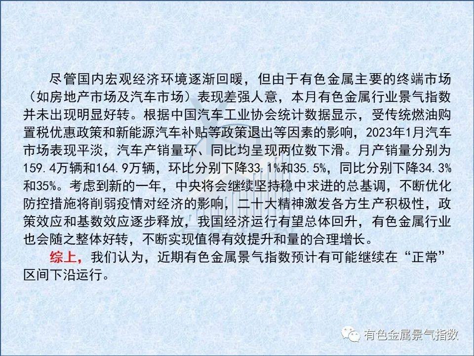 2023年1月中國有色金屬產業景氣指數爲21.9，較上月回落0.2個點