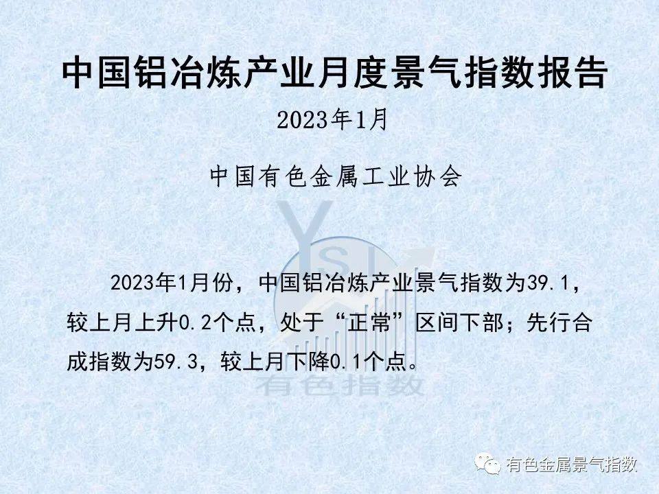 2023年1月中国铝冶炼产业景气指数为39.1,较上月上升0.2个点