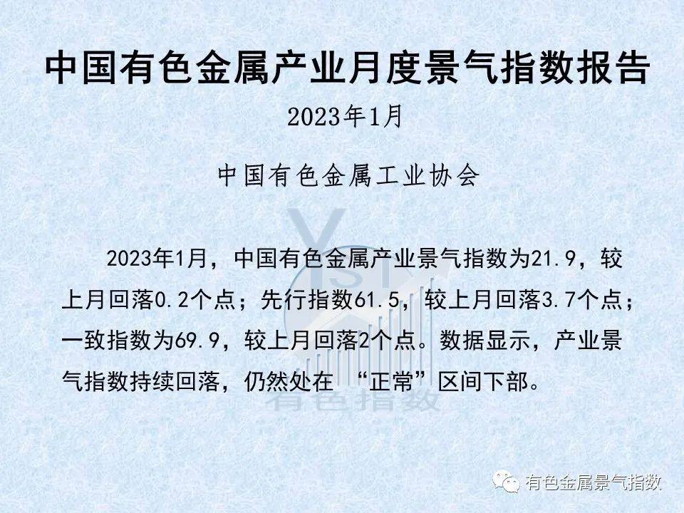 2023年1月中国有色金属产业景气指数为21.9，较上月回落0.2个点