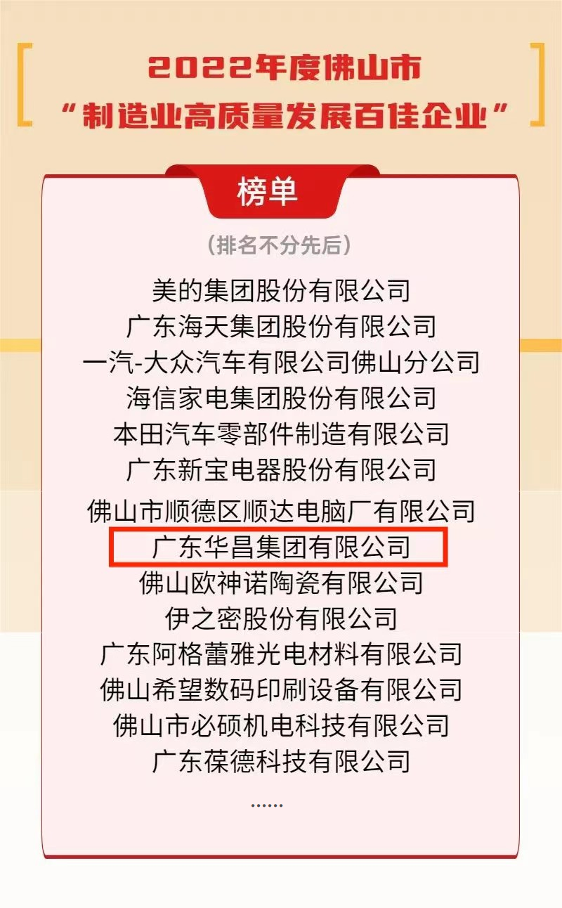华昌集团荣获2022年度佛山市“制造业高质量发展百佳企业”