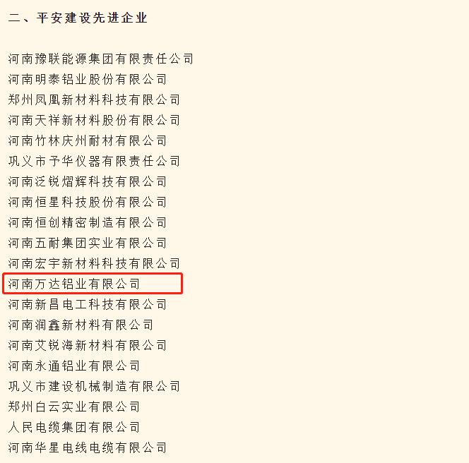 万达铝业获平安建设先进企业荣誉