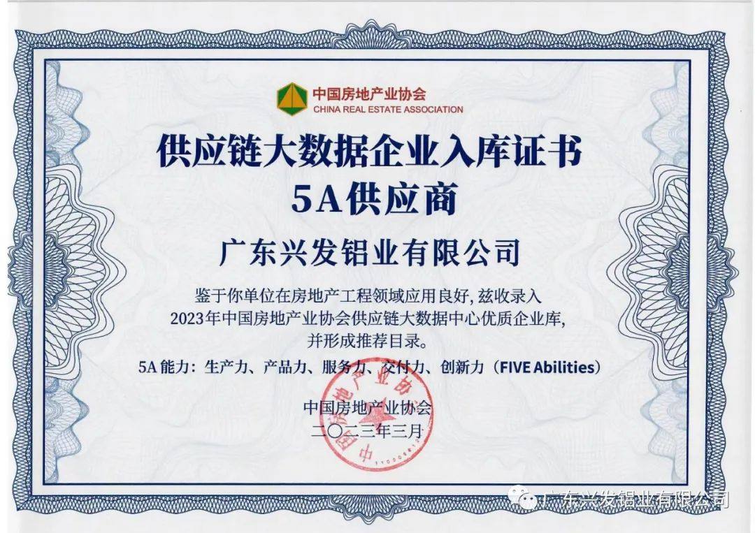 “兴发铝材”和“兴发系统”荣膺“2023房建供应链综合实力TOP500首选供应商品牌”十强榜单，入选“5A供应商”企业库