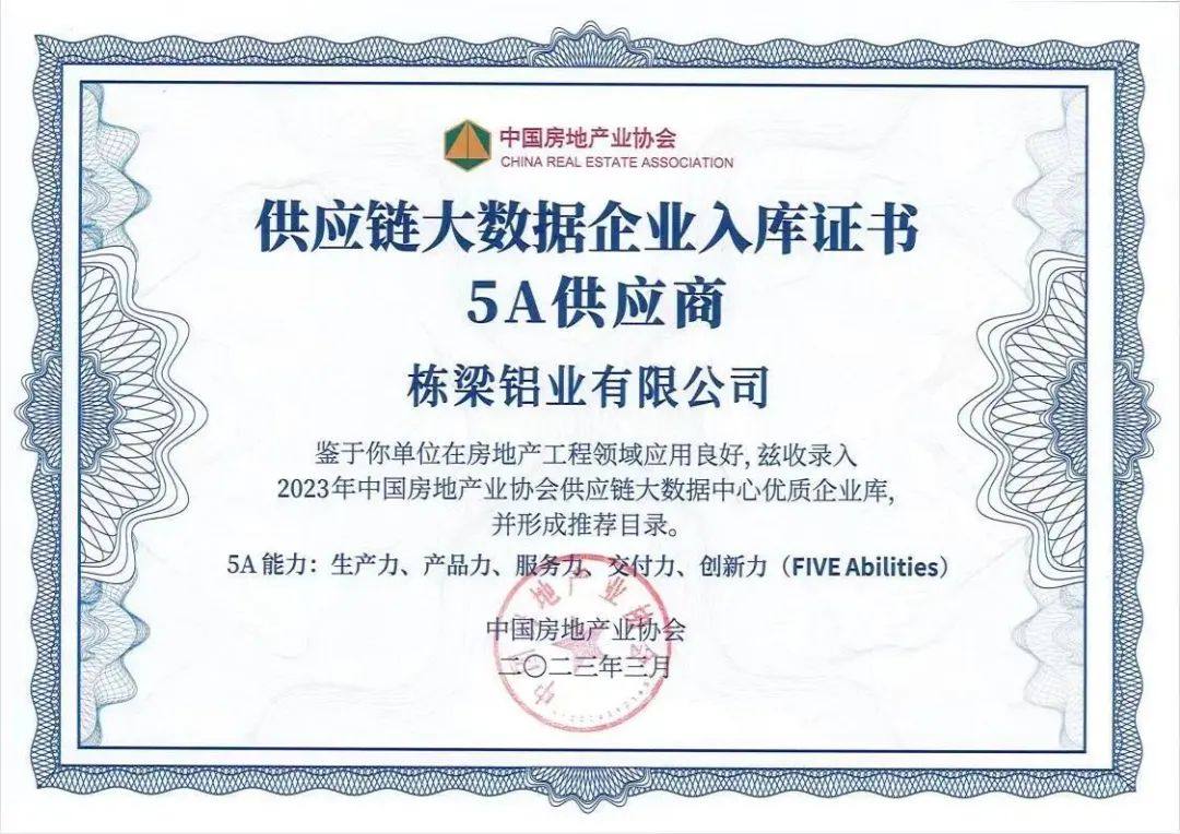 栋梁铝业再次荣膺“2023房建供应链综合实力TOP500-首选供应商·铝型材类”十强
