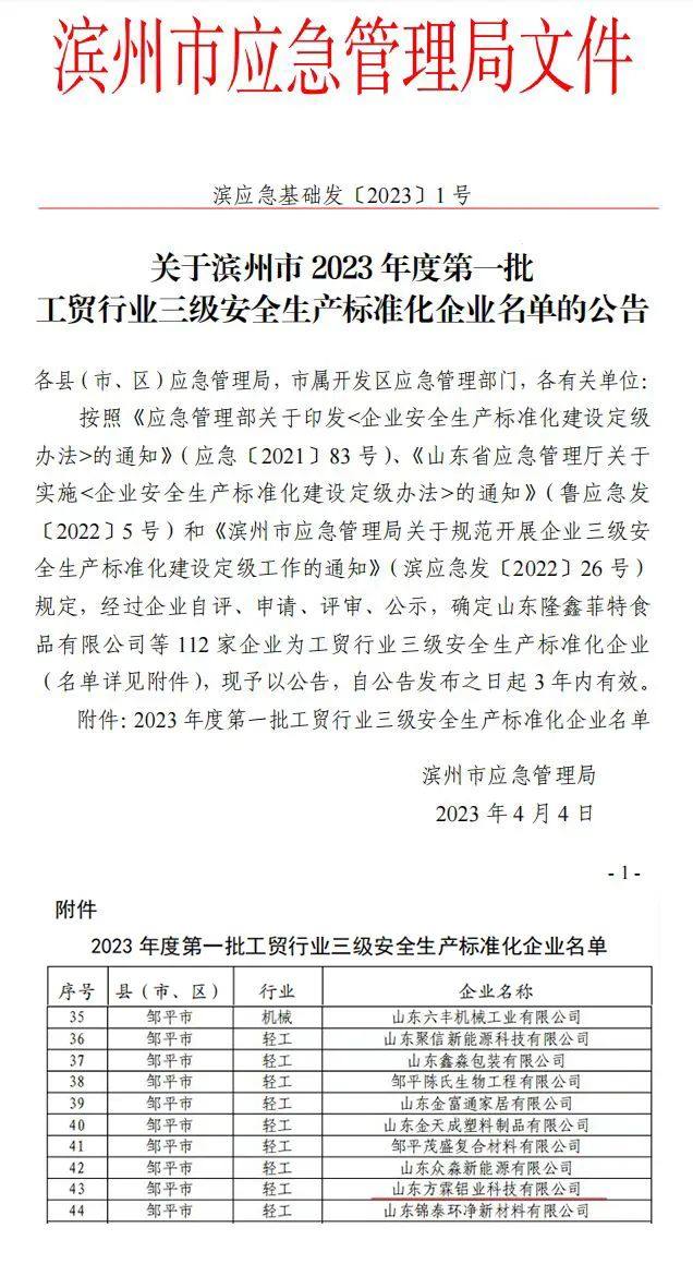 方霖铝业上榜滨州市应急管理局公布了2023年度第一批工贸行业三级安全生产标准化企业名单