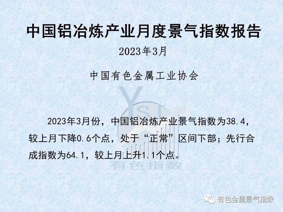 2023年3月中国铝冶炼产业景气指数为38.4,较上月下降0.6个点