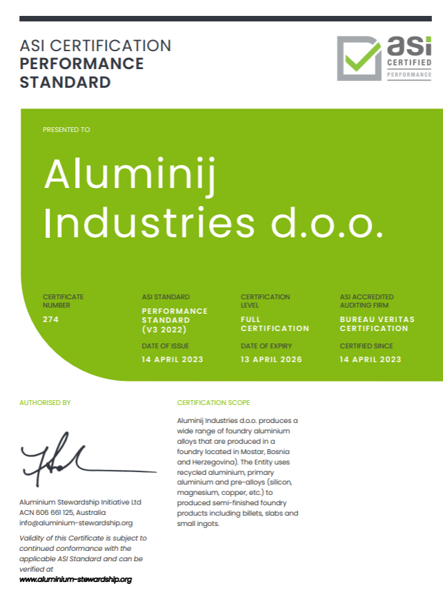 波黑Aluminij 熔鑄公司通過鋁業管理倡議ASI績效標準認證