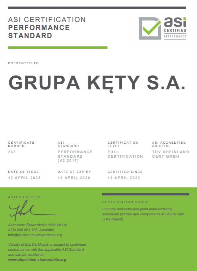 波蘭最大的鋁型材和組件生產商Grupa Kęty 通過鋁業管理倡議ASI績效標準認證