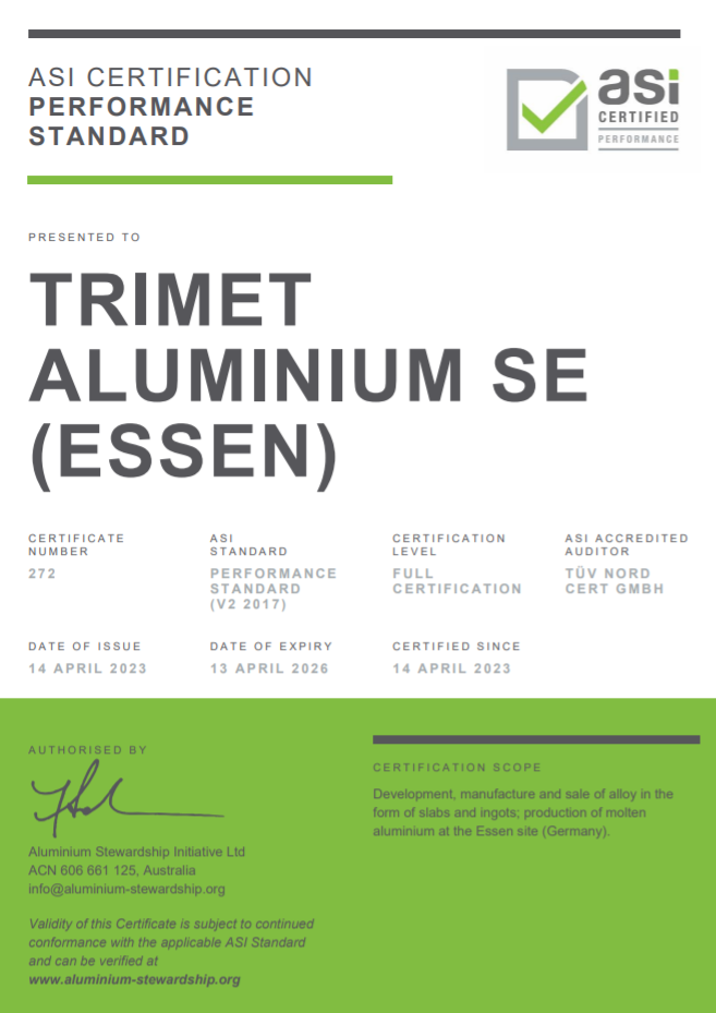 德国TRIMET 铝业公司通过铝业管理倡议绩效标准认证