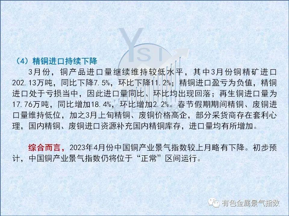 2023年4月中国铜产业月度景气指数为34.6 较上月下降0.1个点