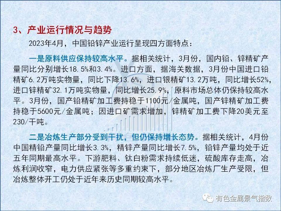 2023年4月中國鉛鋅產業月度景氣指數爲44.2較上月下降2個點